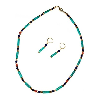 #ad Gold Plated Egyptian Turquoise Carnelian and Lapis Lazuli Necklace Earring Set $115.00