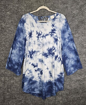 #ad Chicos 2 Tunic Womans Large Blue Tie Dye 3 4 Sheer Sleeve Stretchy T Shirt $15.99