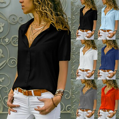 #ad Fashion Womens Solid Button T Shirt Office Ladies Plain Short Sleeve Blouse Tops $10.64
