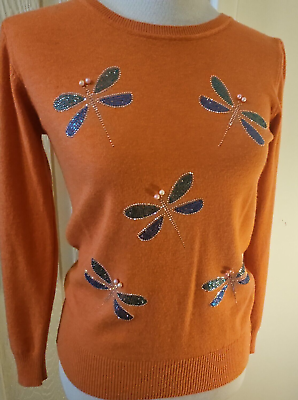 #ad Mio Alfa orange women#x27;s S sweater rhinestone dragonflies soft light weight $18.25