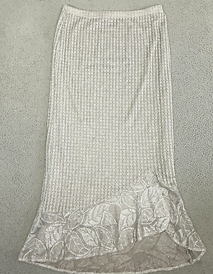 #ad 90s Metallic Maxi Skirt Women size 14 Silver Knit Draped Crochet Sheer Lined $40.49