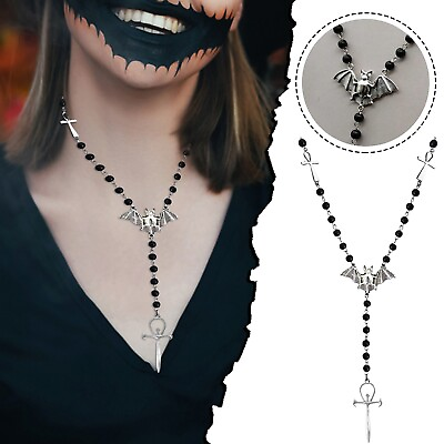 #ad Bat Necklace Black Long Rosary Beaded Ancient Necklace For Women $10.99
