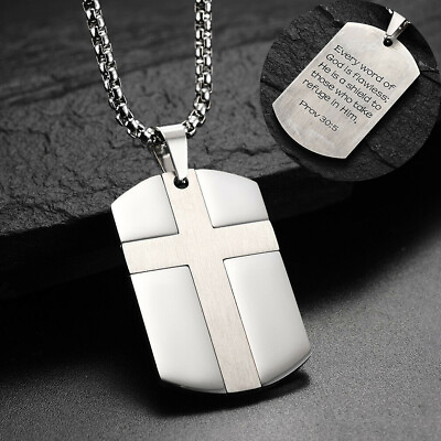 #ad Stainless Steel Cross Necklace Dog Tag Inspirational Pendant Chain For Men Women $9.79