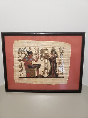 #ad 2 Ancient Egyptian Papyrus painting King Akhenaten Nefertiti worship sun Ritual $80.00