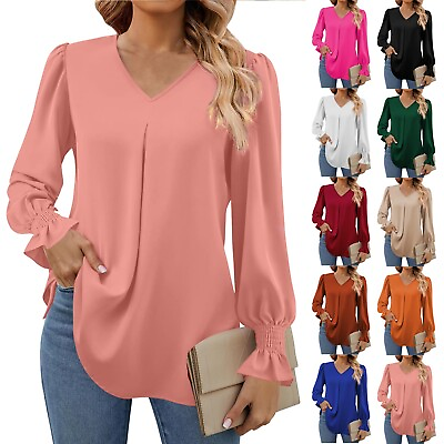 #ad Womens Tops Ladies Long Sleeve Casual V Neck Loose Chiffon Cuffs Pleated T Shirt $3.79