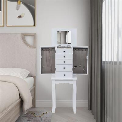 #ad White Standing Jewelry Armoire with Mirror 5 Drawers amp; 8 Necklace Hooks US $85.99
