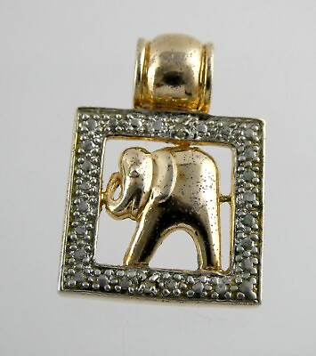#ad WM Gilded Sterling Silver Elephant Slide Pendant 925 Natural Diamond Chip Accent $34.00