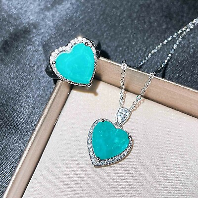 #ad 2pc Neon Blue Tourmaline Gemstone Silver Charm Women Girl Party Necklace Ring $13.99