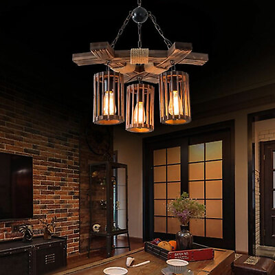 3 Light Chandelier Wooden Pendant Island Light Rustic Farmhouse Ceiling Lamp E26 $90.00