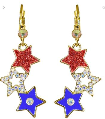 #ad KIRKS FOLLY Patriotic Star Spangled Leverback Earrings Goldtone $46.00
