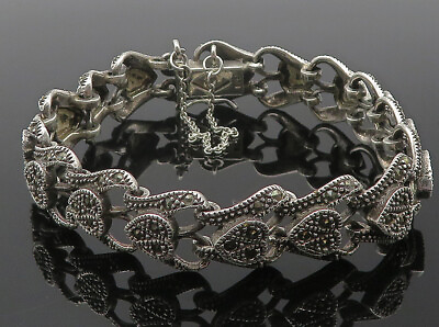 #ad 925 Sterling Silver Vintage Marcasite Love Heart Hinge Chain Bracelet BT4539 $149.95
