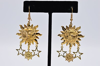 Vintage Earrings Sun Moon Star Charm Dangle Gold Lightweight Metal NOS 1980s W1 $11.16