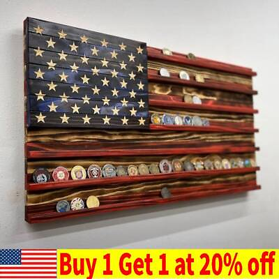#ad Vintage American Flag Solid Wood Wall Mounted Challenge Coin Display Holder Rack $19.99