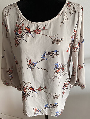 #ad Cooper amp; Ella Blouse Floral Birds Light Gray Medium Long Sleeve Work Wear $19.99