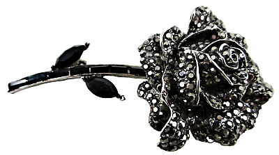 #ad Vintage Artist Signed Silver Marcasite Black Jet Baguettes Rose Flower Brooch $150.00