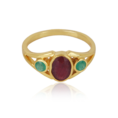 #ad Trendy Design 3 Stone Yellow Gold On Silver Ring With Emerald amp; Ruby Gemstone $31.99