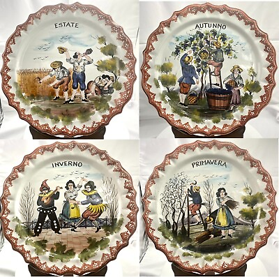 #ad VINTAGE PRETTY BASSANO FOUR SEASONS HAND PAINTED POTTERY WALL BIG PLATES 12.8quot; $24.90