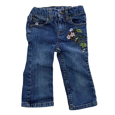 #ad Cherokee Baby Girl Denim Jeans Stone Wash Embroidered Flowers Adjustable Waist 4 $9.89
