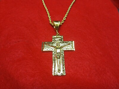 14KT GOLD EP CHRIST CRUCIFIX CHARM PENDANT OVER 3quot; W 24 quot; 4MM ROPE CHAIN 7500 $19.46
