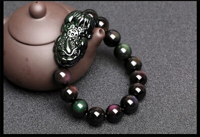 #ad Natural Obsidian Rainbow Light Gemstone Beads pixiu Bracelet AAAA 12mm $52.00