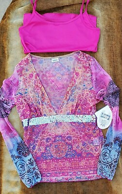 #ad NWT Womens Love Amour Mesh Top Sz M Sequins and Crystals Pinks w Cami made USA $49.99