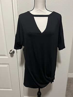 #ad Black Crazy Train Cut Out Knot Tunic Size XL V Neck Good Condition $18.00