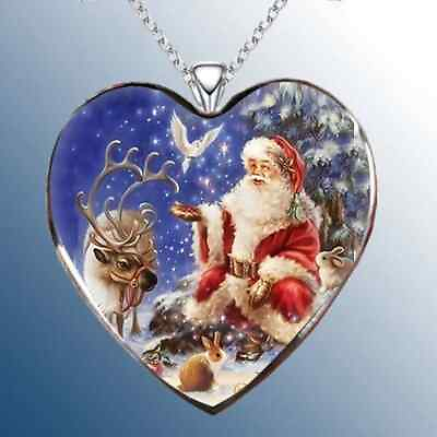 #ad Christmas Santa Claus And Cute Reindeer Heart Pendant Necklace $14.95