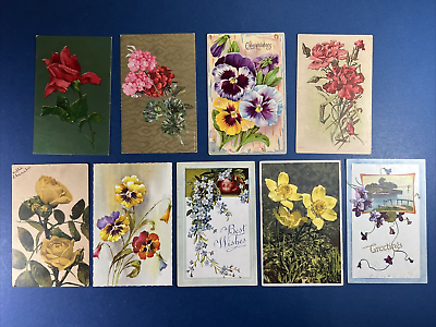 #ad Mixture 9 Greetings Antique Postcards. Flowers Scenes Colorful $10.95