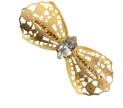 #ad Vintage Yellow Gold Plated Filigree Rhinestone Figural Bow Pin Brooch $12.50