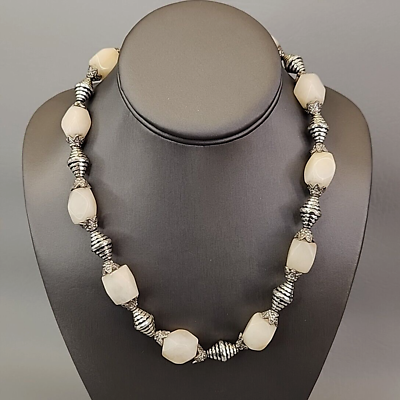 #ad Beaded Necklace Cream Agate Silver Tone Bicone Ribbed Jewelry 19quot; $19.99