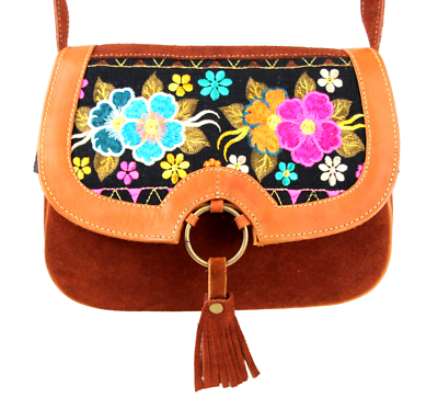 #ad HANDCRAFTED BROWN GENUINE LEATHER SUEDE EMBROIDERY FLAP XBODY PURSE SHOULDER BAG $50.00