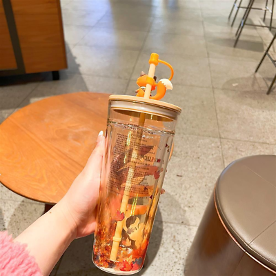 #ad Starbucks Autumn fox Cute Rabbit Maple Leaf Cup Tumbler Straw Double Glass Gifts $29.99