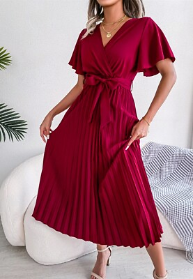 #ad Short Sleeve V Neck Solid Color Elegant Belted Pleated A Line Dress $23.99