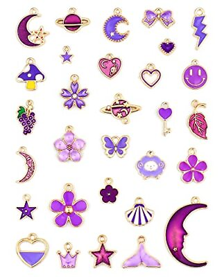 #ad 30 Pcs Mixed Enamel Purple Theme Charms Pendants for Necklace Bracelet Jewelr... $11.55