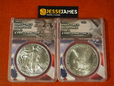 #ad 2021 $1 SILVER EAGLE ANACS MS70 FIRST STRIKE 2 COIN SET BOTH TYPE 1 amp; TYPE 2 $109.95