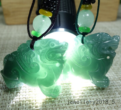 #ad 2 Pcs Certified Green Burma 100% Natural A jadeite jade Pendant PiXiu 貔貅 $49.00