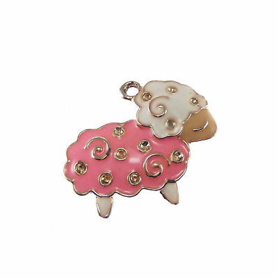 #ad 5 pcs Pink Enamel Plated Cute Sheep Look Gold Metal Pendants Charms Findings $2.18