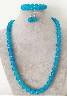 #ad Natural 10mm Blue Topaz Round Gemstone Beads Necklace Bracelet Earrings Set $8.09