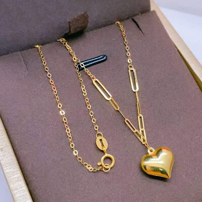 #ad Pure 18K Yellow Gold Necklace Heart Charm Cable O Chain Link For Women Au750 $164.50