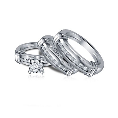 #ad His Her Mens and Woman CZs Wedding Ring Bands Trio Bridal Set 925 Silver $168.30