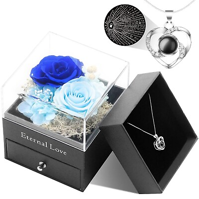 #ad Preserved Eternal Real Rose Flower Gift Box With 14K Gold Plated Silver Necklace $19.99
