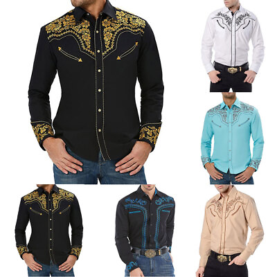 #ad Mens Western Cowboy Shirt Long Sleeve Retro Embroidery Casual Buttons Down Shirt $13.48