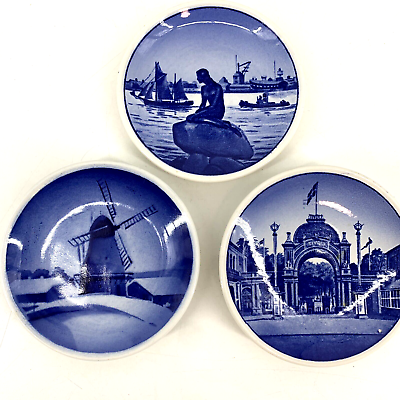 #ad Vintage Royal Copenhagen Danish LOT 3 Mini Porcelain Plates Wall Hanging Blue $12.99