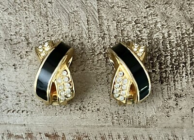 #ad Vintage Christian Dior Clip On Black Enamel Gold Clear Crystal Pave Earrings $89.00