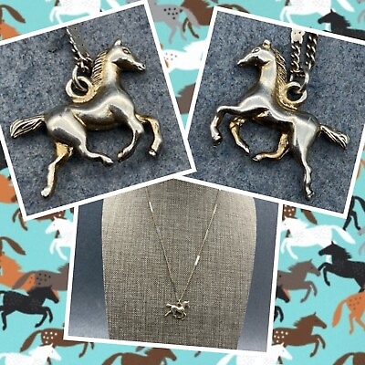 #ad Horse Pendant Necklace Double Sided 16 In Silver Race Trotting Jockey Equestrian $19.96
