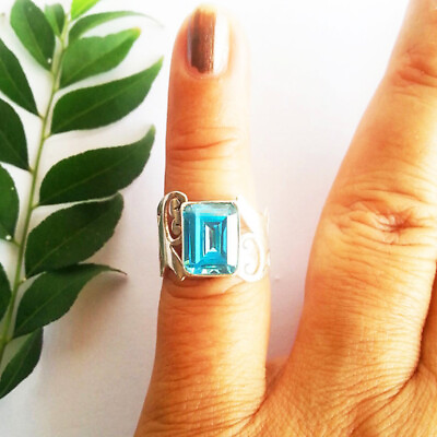 #ad 925 Sterling Silver Blue Topaz Ring Handmade Gemstone Jewelry Valentine Gift $46.38