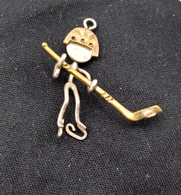 #ad Vintage Artisan Made Silver amp; Gold Tone Wire Hockey Player 1quot; Charm Pendant $8.64