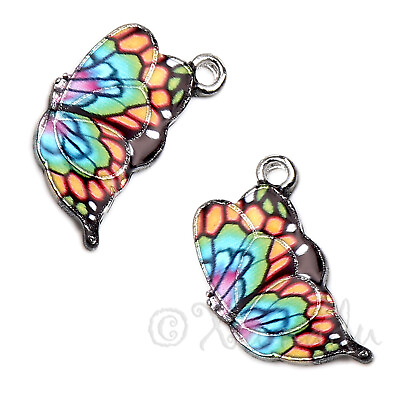 #ad Butterfly Charms 23mm Rainbow Silver Plated Enamel Pendants E4893 2 5 Or 10PCs $1.80