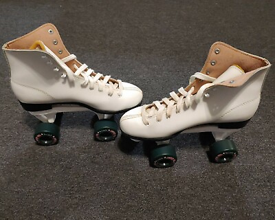 #ad Leather Roller Derby Roller Star Freestyle 8 Quad Skates White RARE Green Wheels $29.99