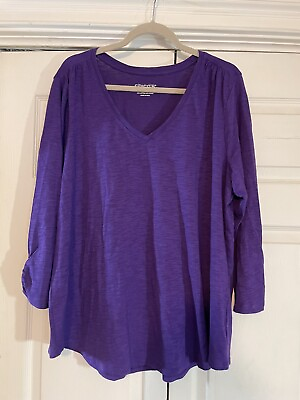 #ad Chicos Cotton Slub Shirred Sz 4 Shirt Blouse Top 3 4 Sleeve NWT $45 Purple $35.00